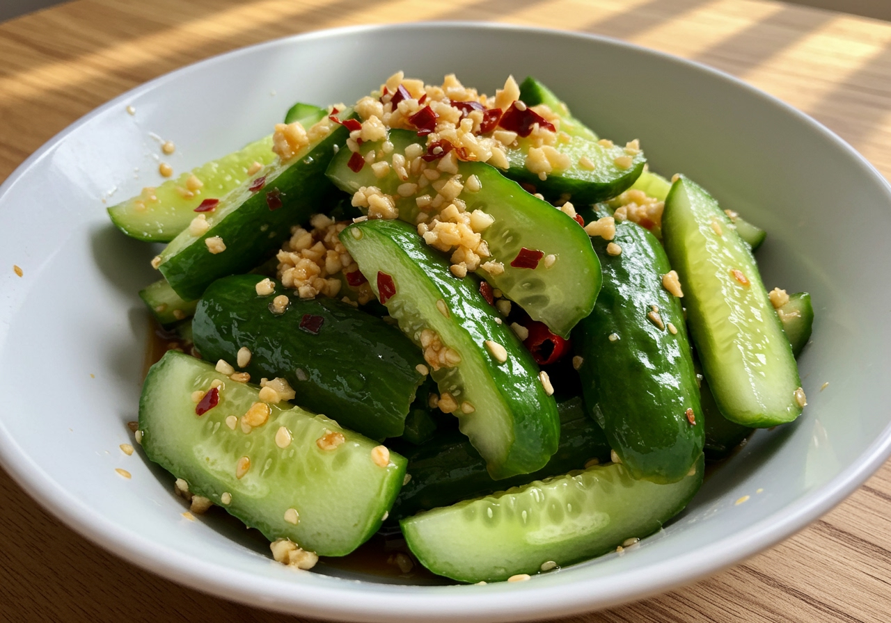 A bowl of Chinese smashed cucumber salad (Pai Huanggua) with garlic, chili flakes, and dressing, looking refreshing and vibrant.