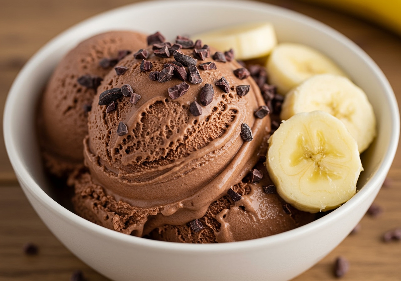 A bowl of chocolate banana ice cream topped with cocoa nibs and sliced banana.