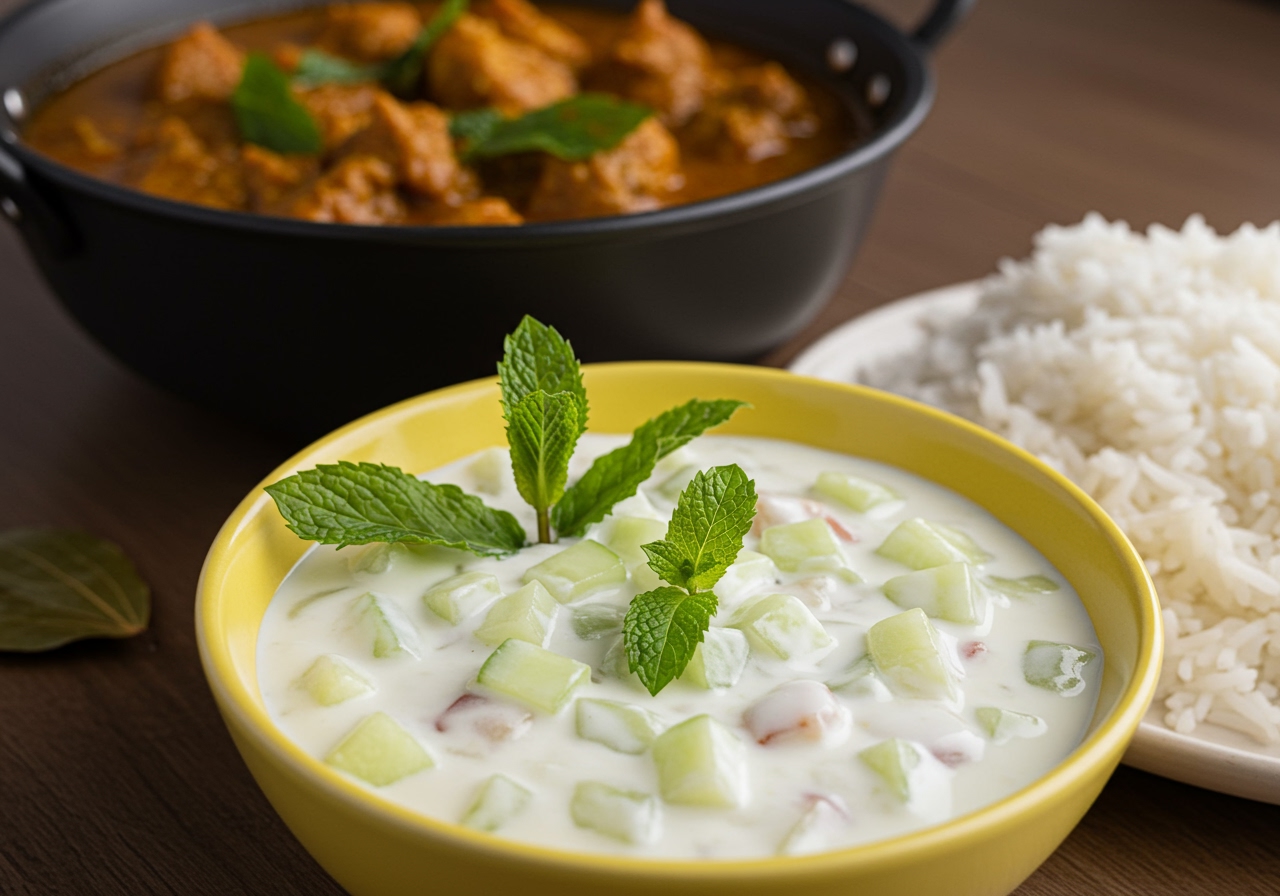 A bowl of classic cucumber raita with fresh mint leaves on top, served alongside a portion of spicy Indian curry and rice.
