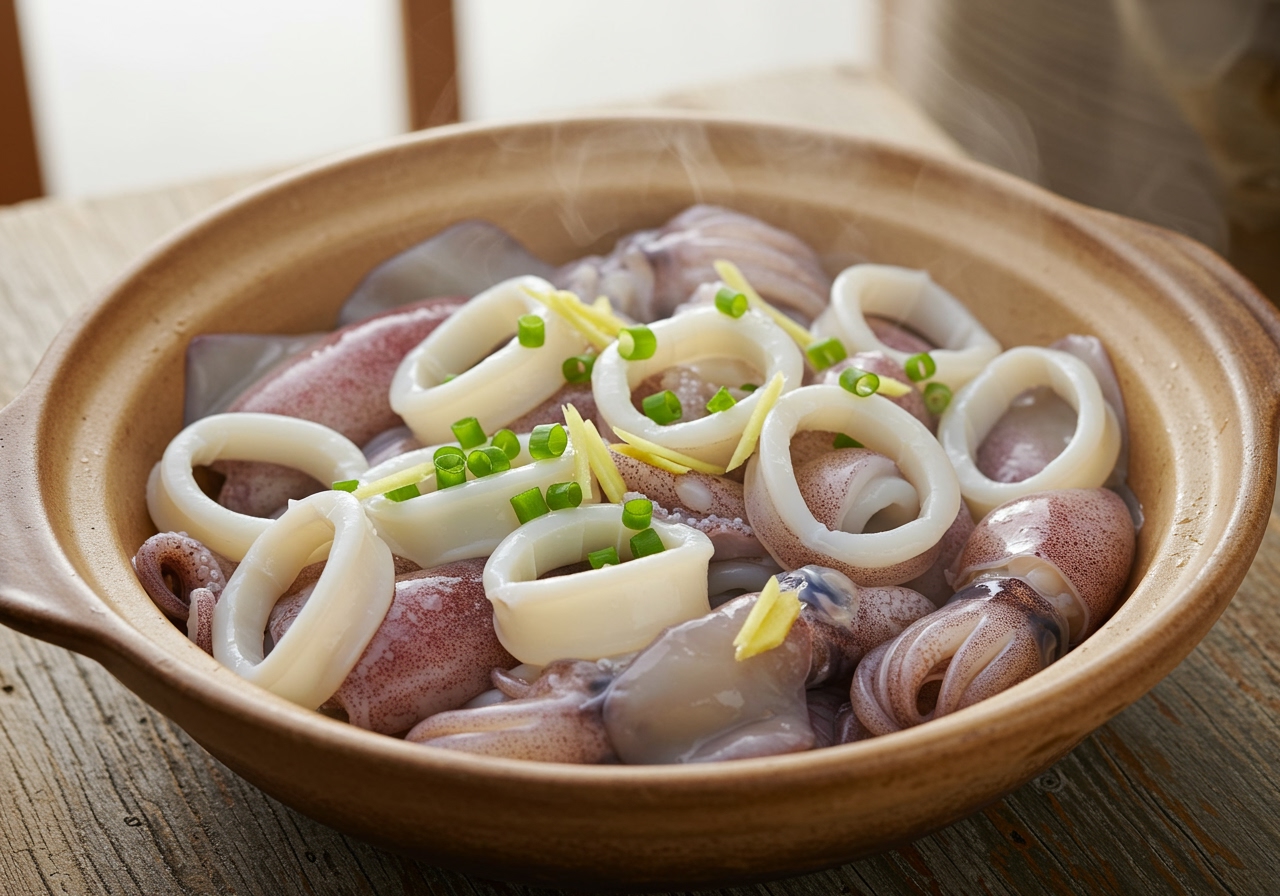 A bowl of cleaned squid rings and tentacles, sliced ginger, and chopped green onions, ready for steaming.