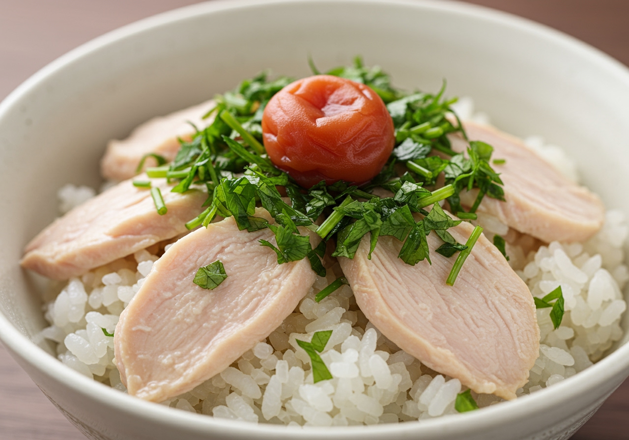 A bowl of cold chazuke with chicken breast, umeboshi, and lots of green herbs like shiso and myoga.