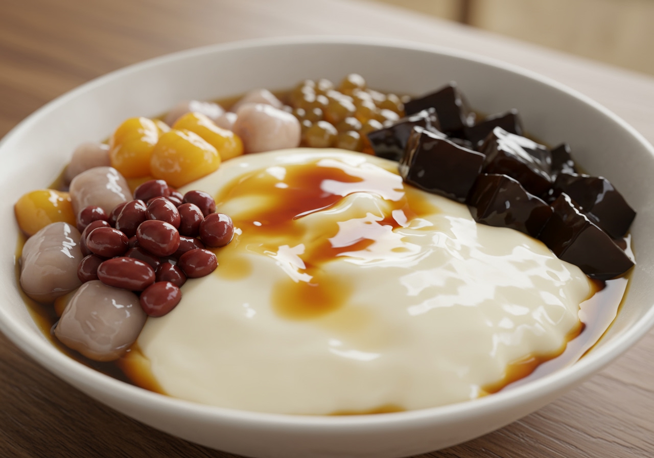 A bowl of cold tofu pudding (douhua) topped with dark sugar syrup and various toppings like red beans, taro balls, and grass jelly.