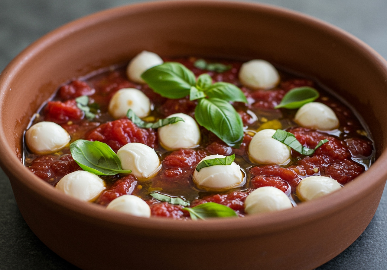 A bowl of cold tomato marinade with added mozzarella balls and fresh basil leaves