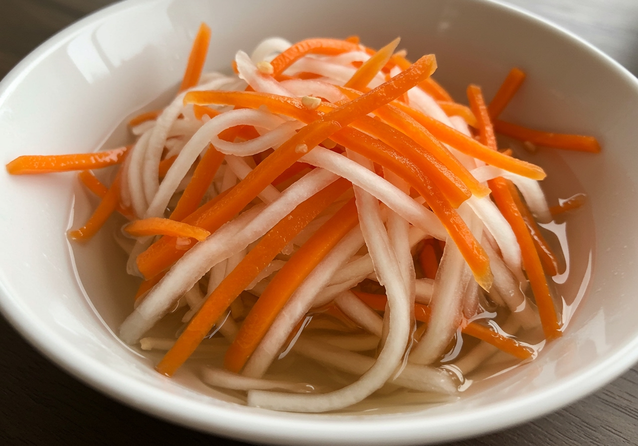 A bowl of colorful Vietnamese pickled daikon and carrot (Do Chua), showing the julienned vegetables in a clear pickling liquid.