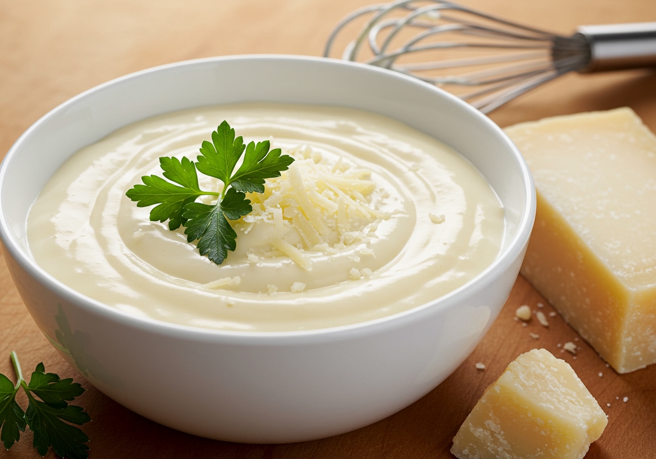 A bowl of creamy Alfredo sauce, garnished with fresh parsley and grated Parmesan cheese, next to a whisk and a block of Parmesan.