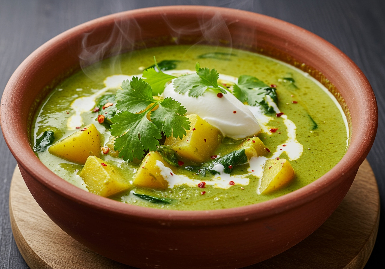 A bowl of creamy curry-flavored spinach potato soup, garnished with fresh cilantro and a swirl of coconut cream, with steam rising gracefully.