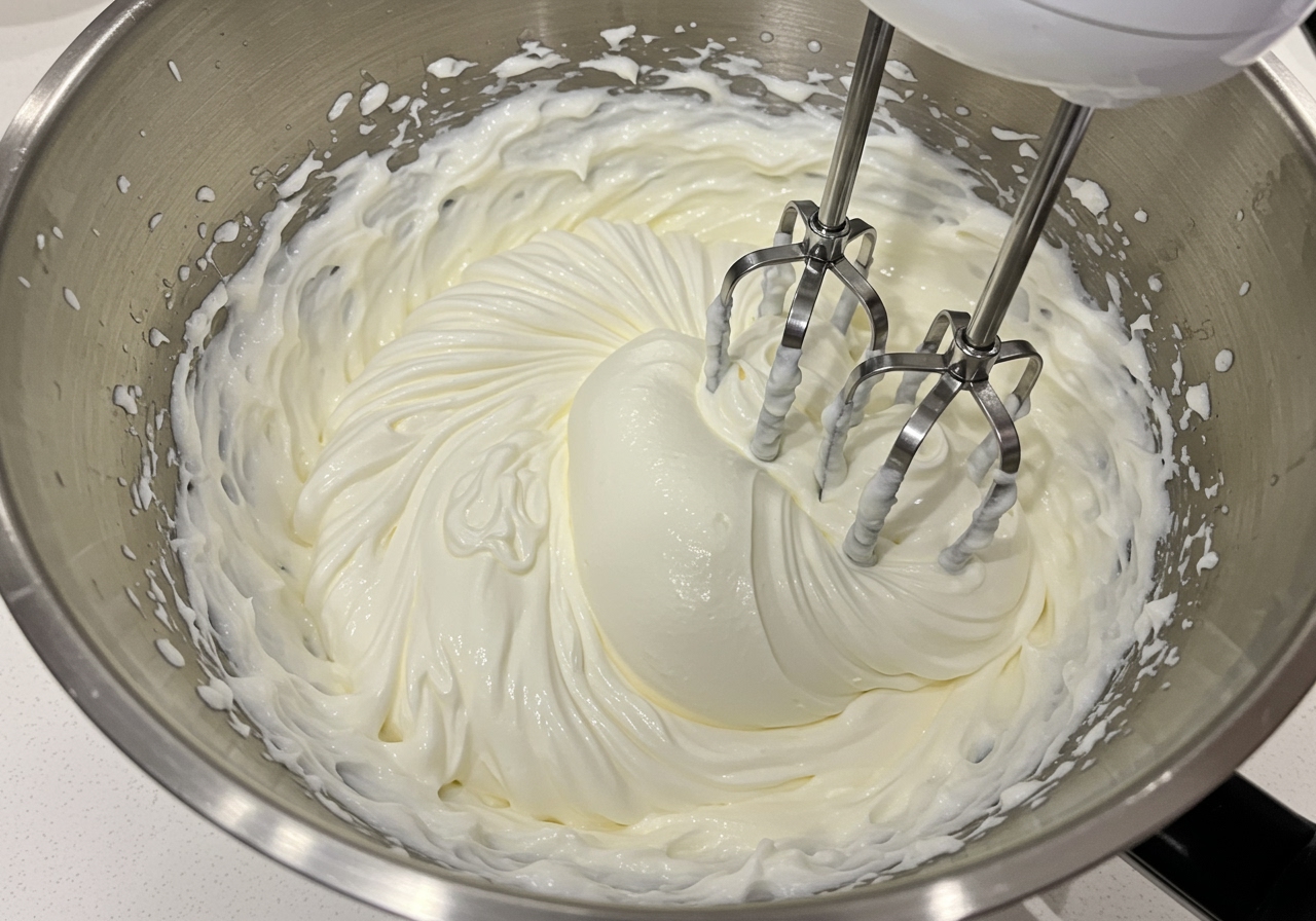 A bowl of creamy, healthy Greek yogurt and cream cheese frosting being mixed.