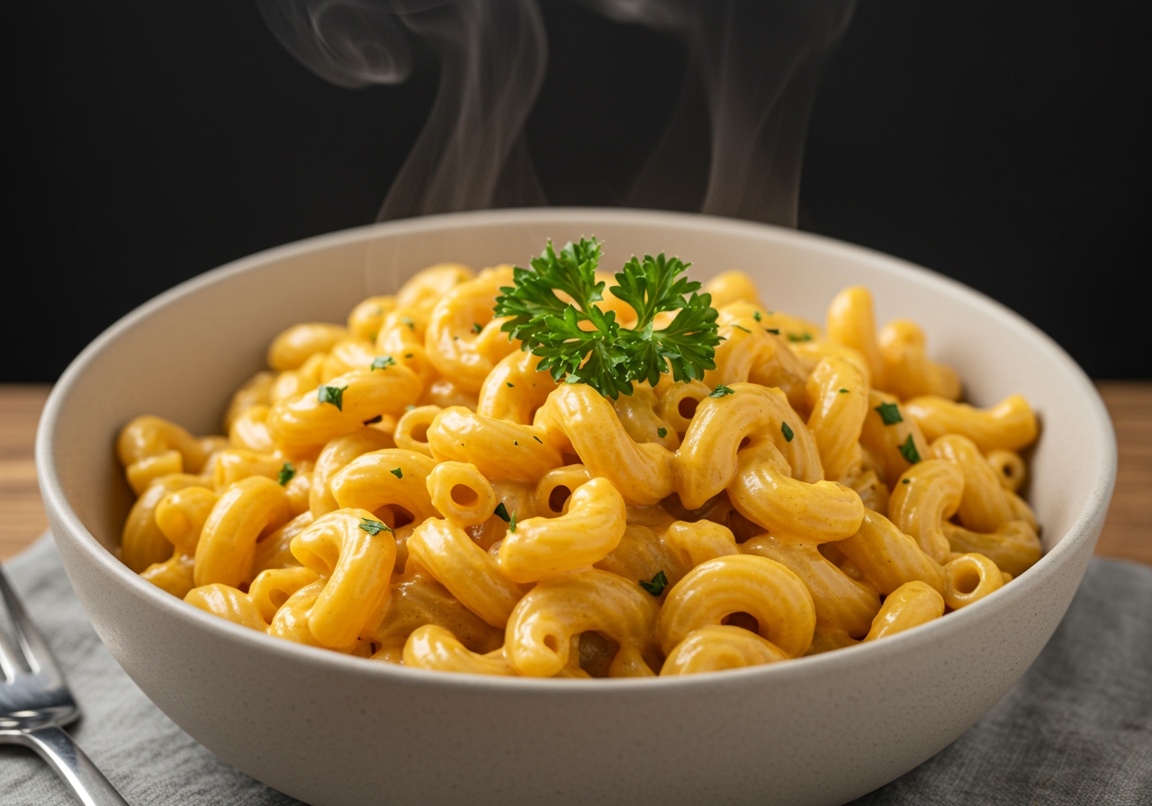 A bowl of creamy, healthy homemade mac and cheese, steam rising, garnished with fresh parsley. The mac and cheese uses whole wheat pasta and is light orange in color, with visible specks of herbs.