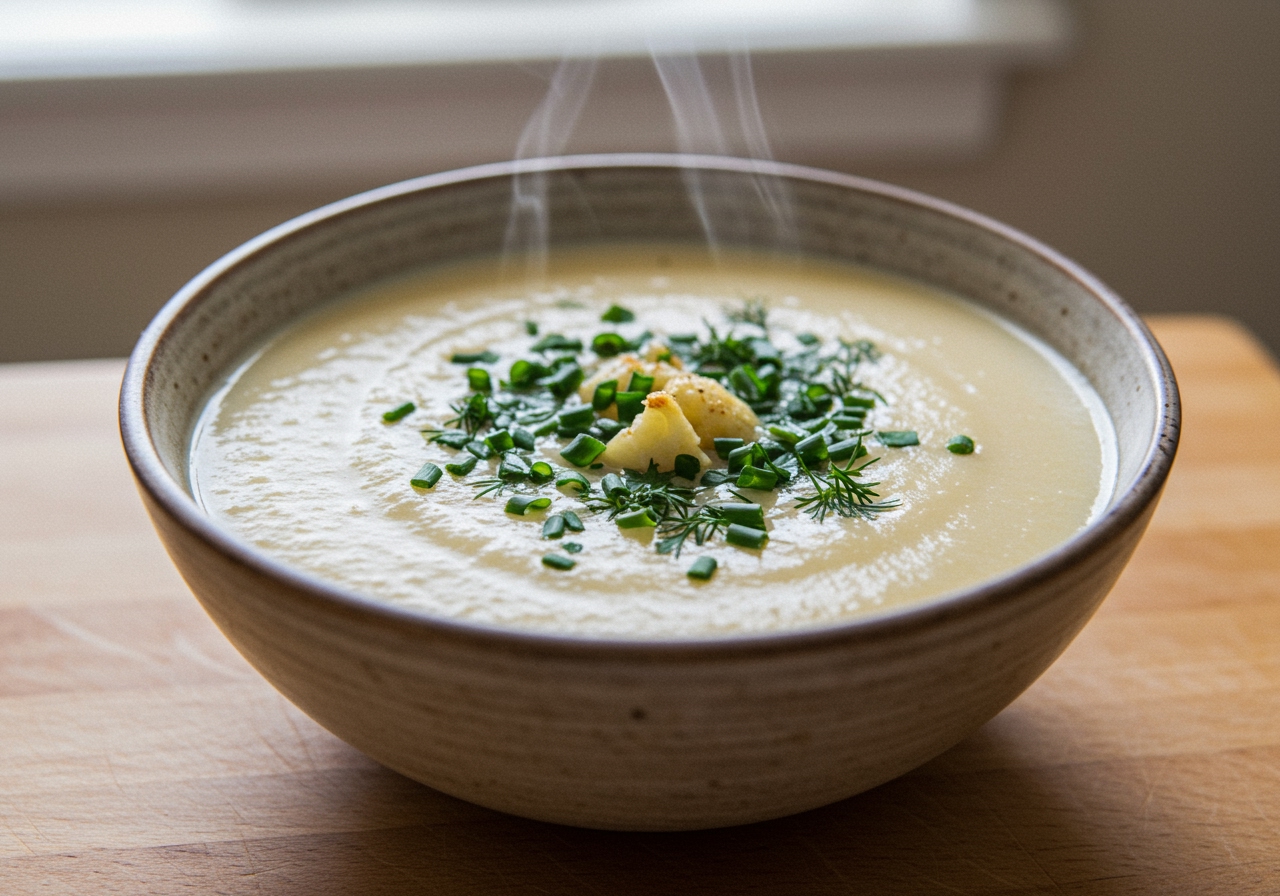 A bowl of creamy roasted garlic cauliflower soup, garnished with fresh herbs.