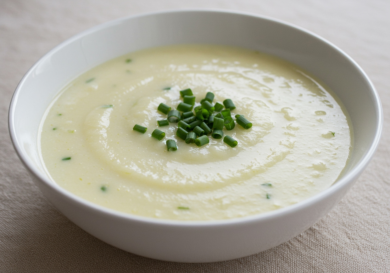 A bowl of creamy white or light green chilled potato and leek soup, garnished with chives.