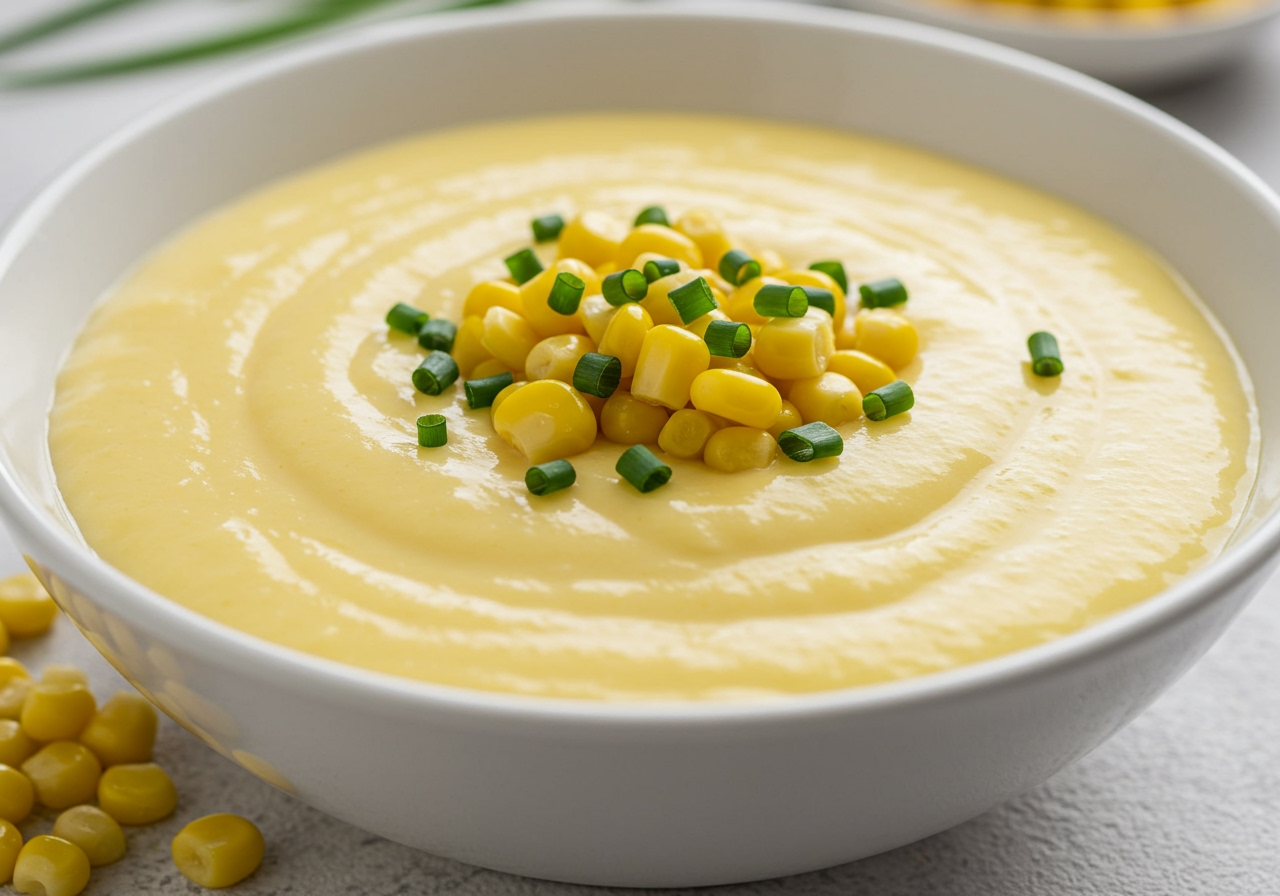 A bowl of creamy yellow chilled corn potage, garnished with corn kernels and fresh chives.
