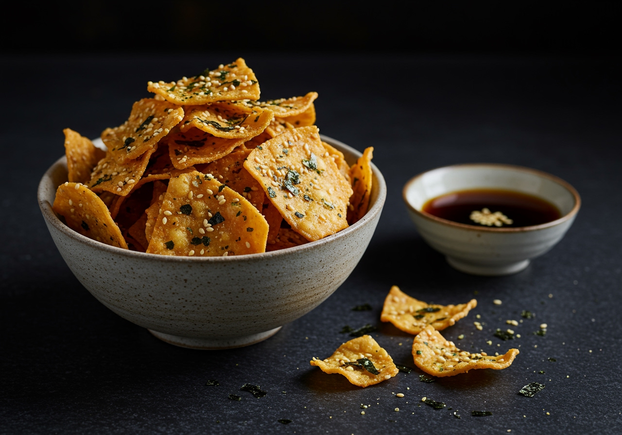 A bowl of crispy, thin onigiri chips seasoned with nori and sesame seeds, next to a small dish of light soy sauce, on a dark ceramic background.