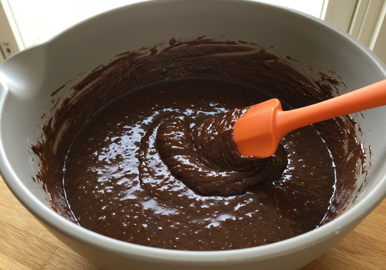 A bowl of dark, glossy brownie batter being mixed with a rubber spatula. You can see the richness of the chocolate.