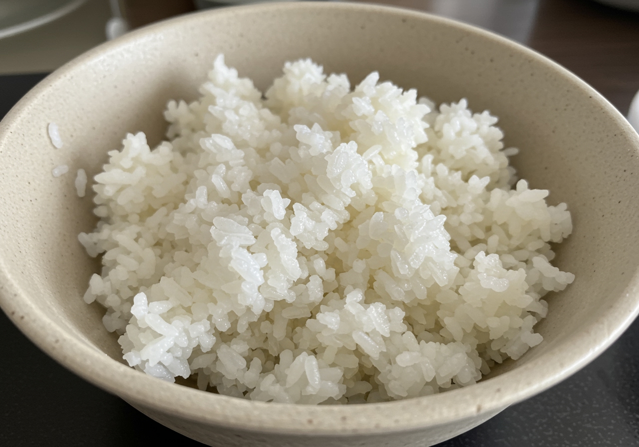 A bowl of day-old rice, perfect for making fried rice, showing its slightly dry texture.