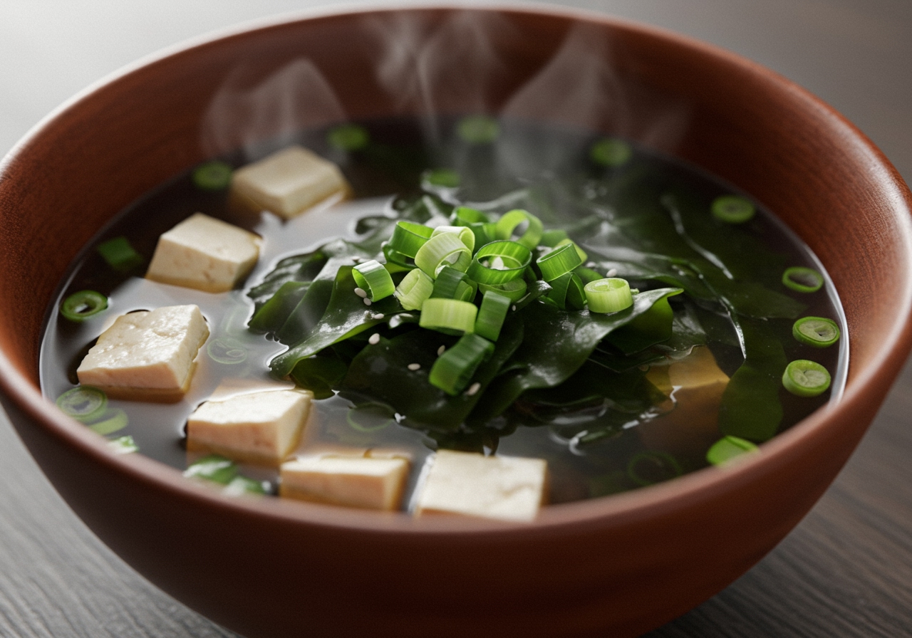 A bowl of delicious-looking healthy vegan miso soup with tofu, wakame seaweed, and green onions, steaming gently.