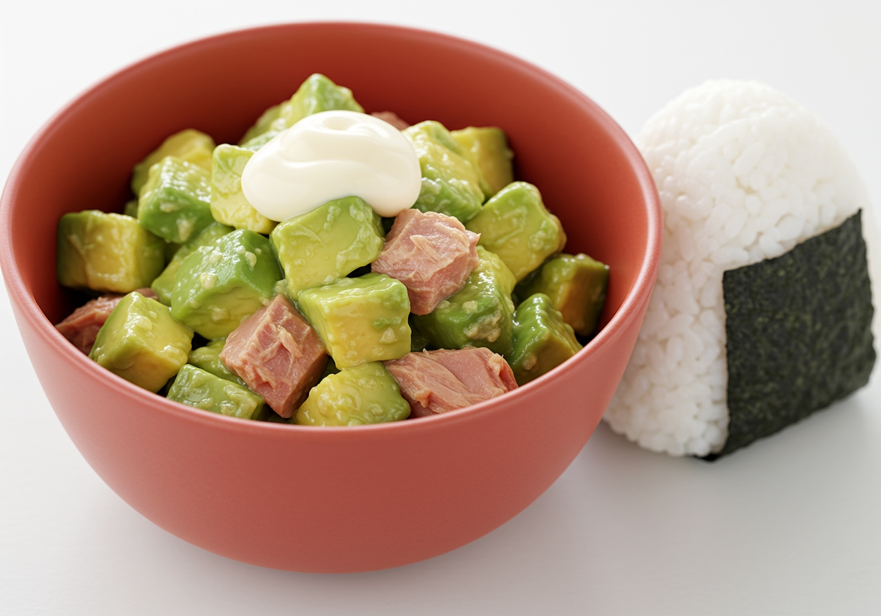 A bowl of diced avocado mixed with tuna (canned in water) and a light mayonnaise dressing, next to a simple rice ball (onigiri).