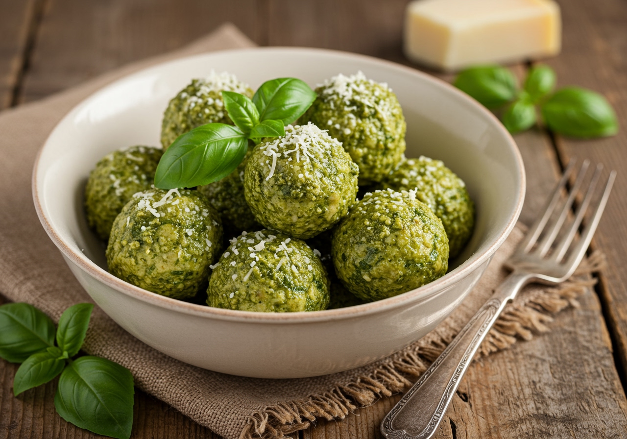 A bowl of easy pesto turkey meatballs, garnished with fresh basil leaves and grated Parmesan cheese, next to a fork, on a rustic wooden table.