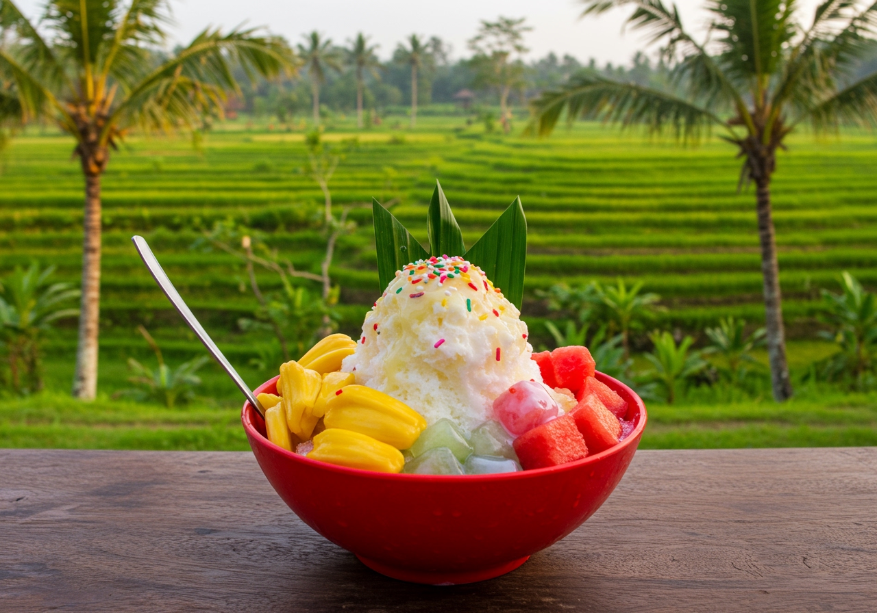 A bowl of Es Campur on a table in a tropical setting in Bali, with palm trees or rice paddies in the background.