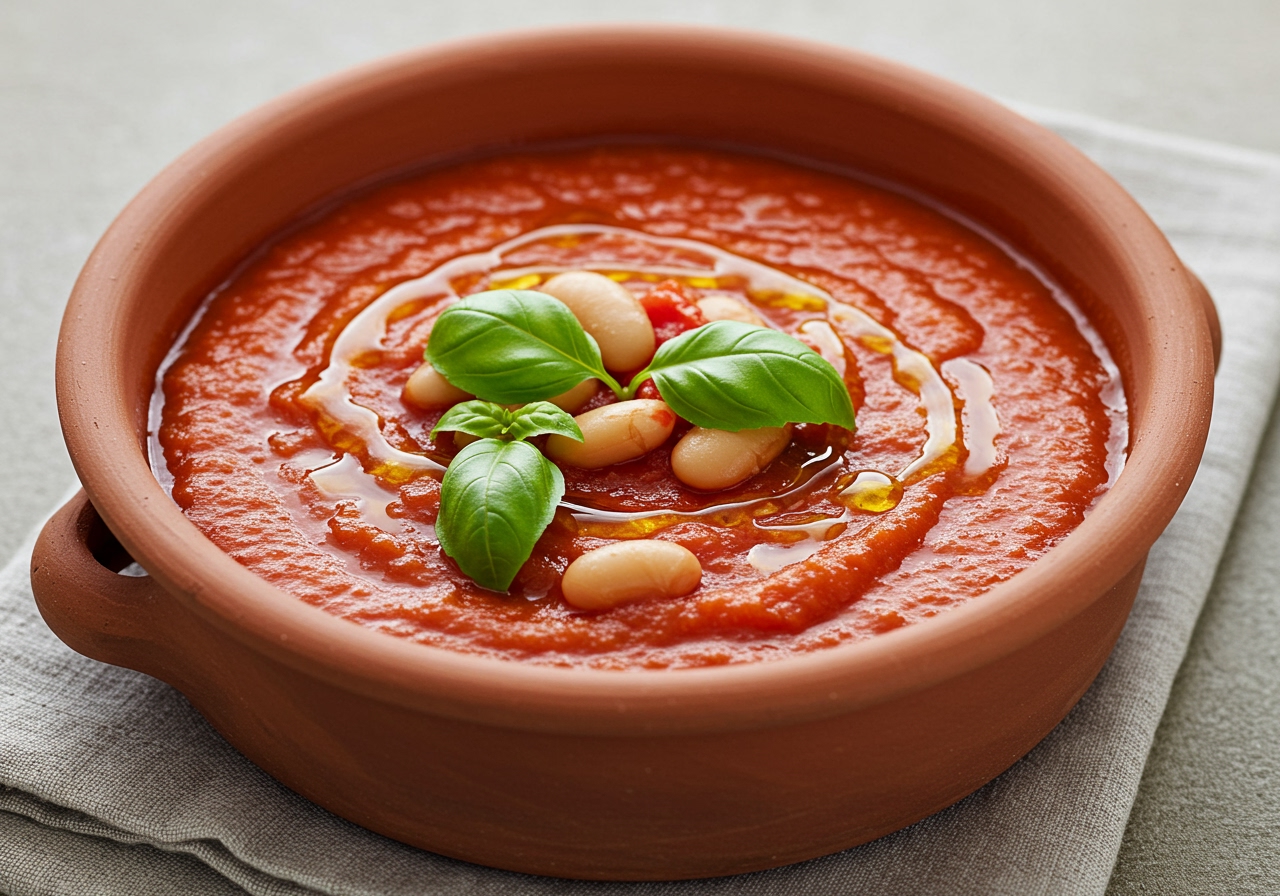 A bowl of finished Provence-style tomato and bean soup, garnished with fresh basil and a drizzle of olive oil, placed on a simple napkin.