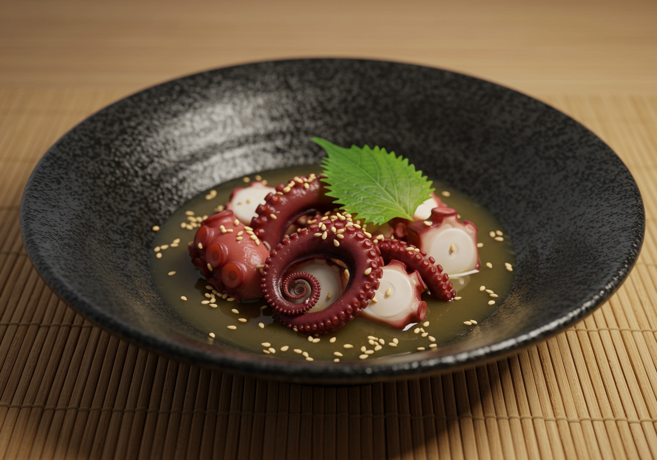 A bowl of finished Takosu garnished with a few sesame seeds and a sprig of something green, presented on a traditional Japanese-style plate or mat.