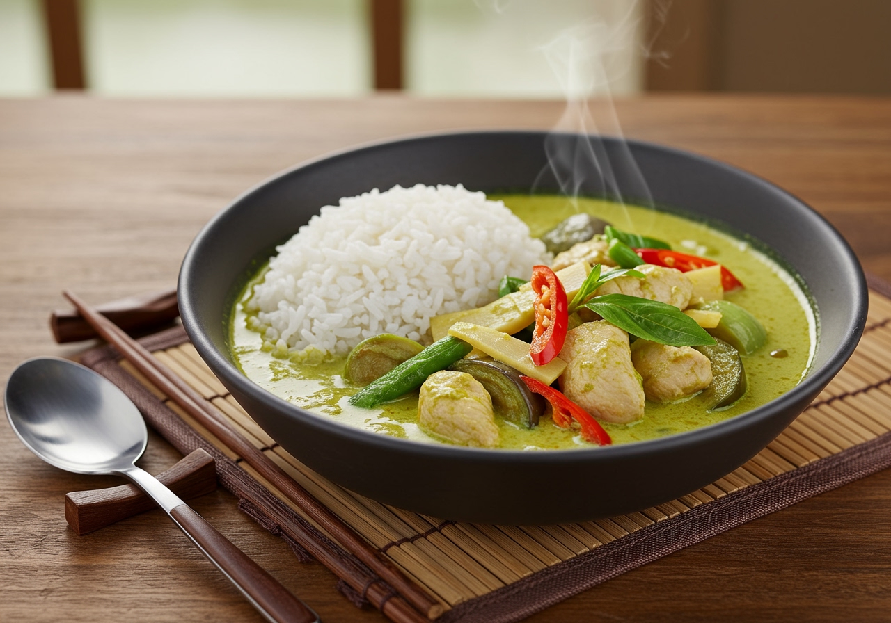 A bowl of finished Thai green curry with rice, ready to be served, perhaps with chopsticks or a spoon.