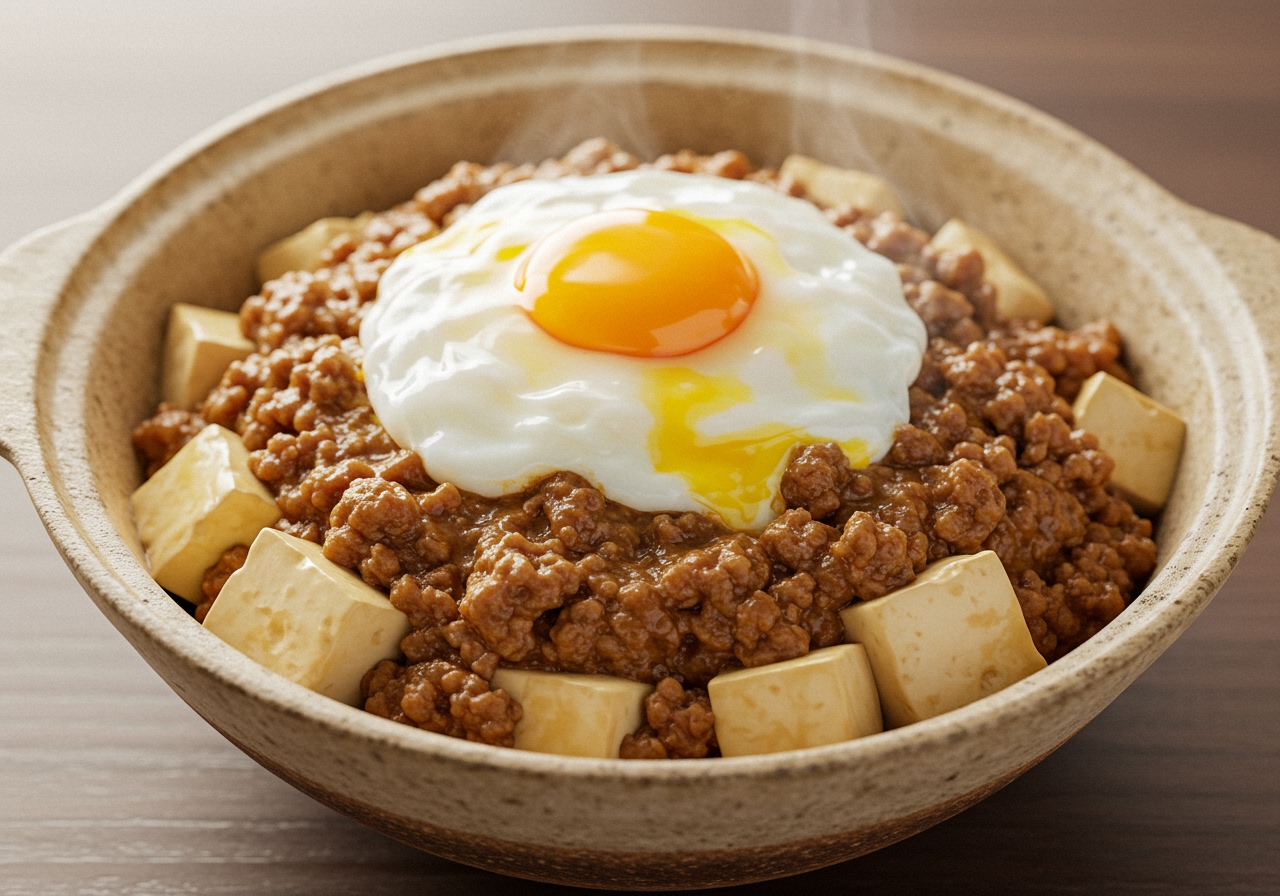 A bowl of fluffy egg-topped minced meat and tofu dish, looking warm and comforting.