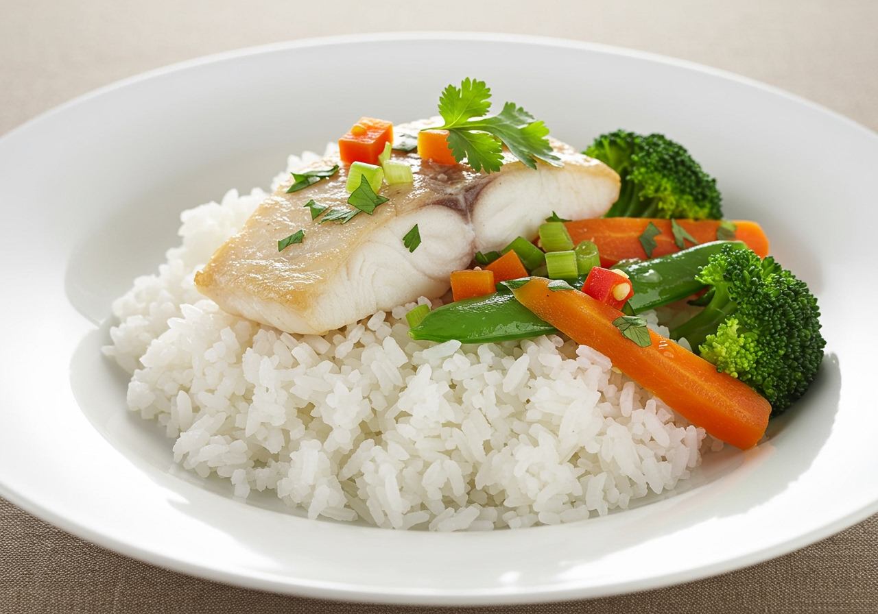 A bowl of fluffy white rice topped with the steamed fish and vegetables, garnished with herbs.