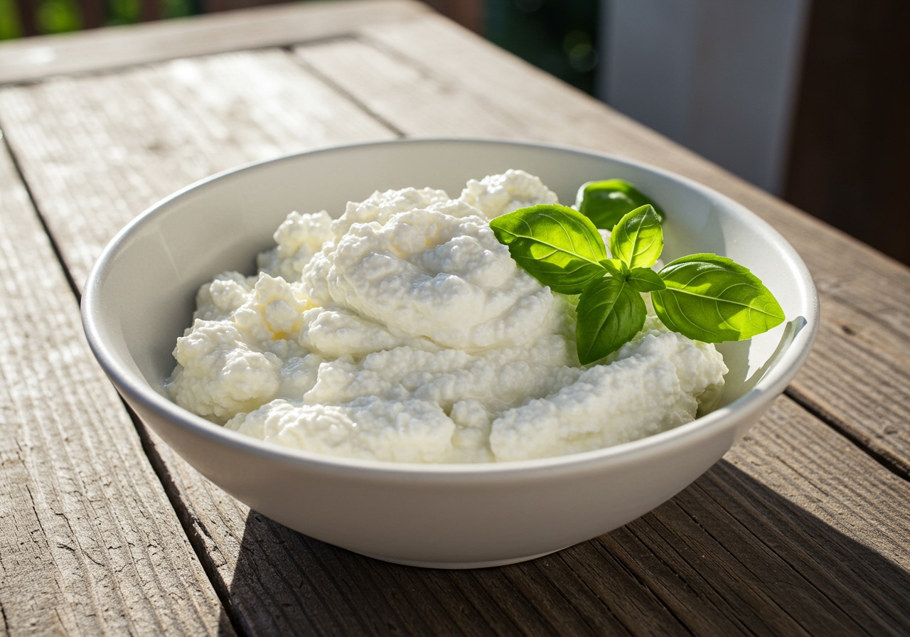 A bowl of fresh, creamy ricotta cheese garnished with basil leaves, placed on a rustic wooden table.
