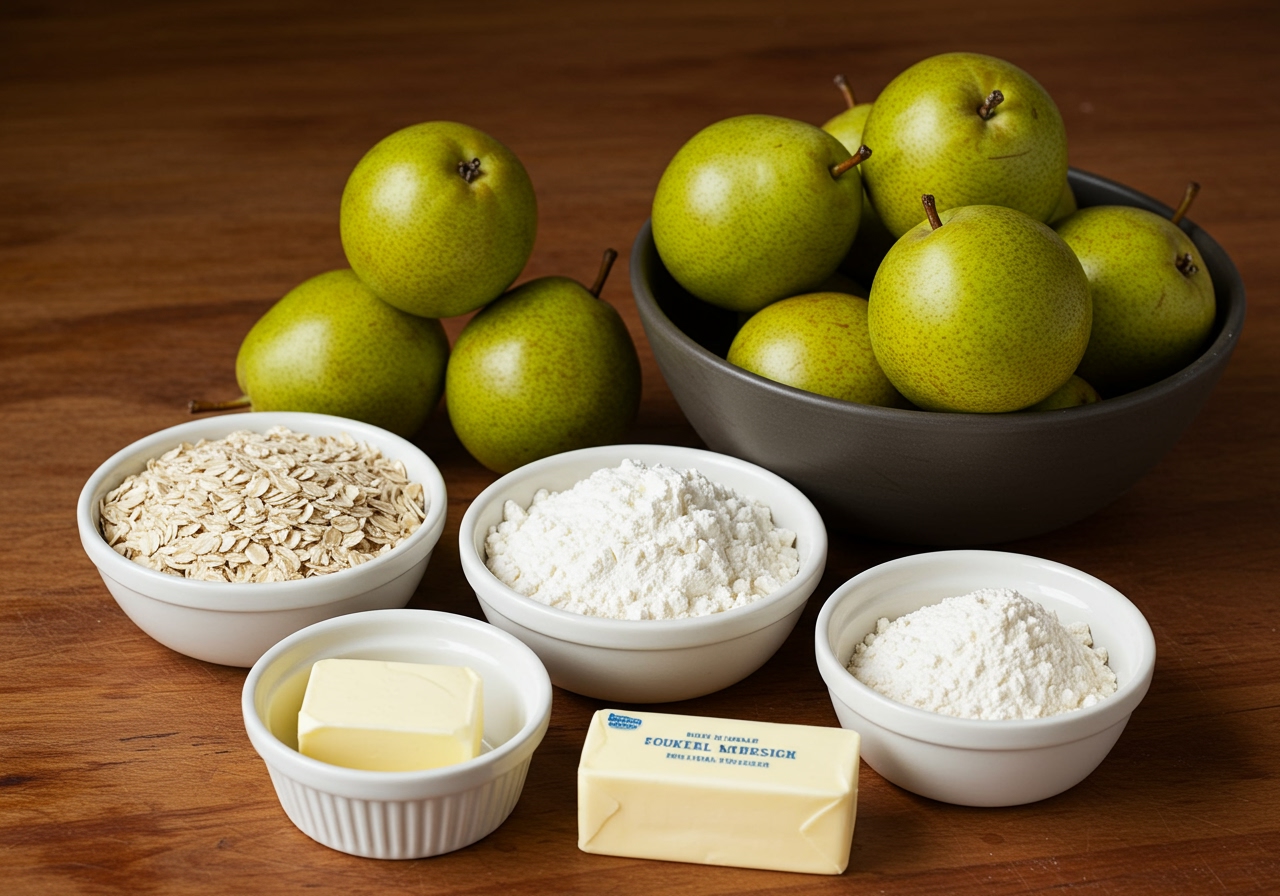 A bowl of fresh, ripe pears on a wooden table, next to bowls of oats, flour, and a stick of butter, ready for making a crisp.