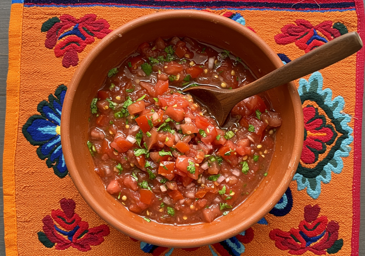 A bowl of fresh tomato salsa, vibrant red with green cilantro and white onion visible, with a spoon in it, placed on a colorful Mexican-style placemat.