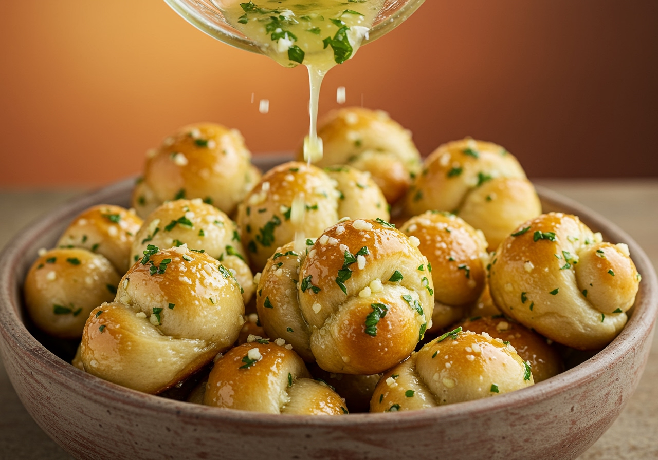A bowl of freshly baked garlic knots being tossed with melted garlic butter, chopped fresh parsley, and grated Parmesan cheese, showing the glossy, coated surface.