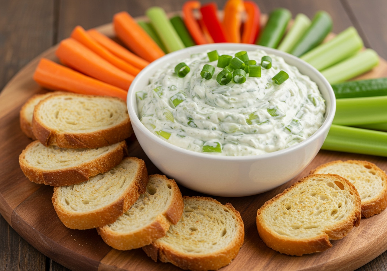 A bowl of freshly made green onion cream cheese dip, with some bread slices and vegetable sticks around it on a wooden board.