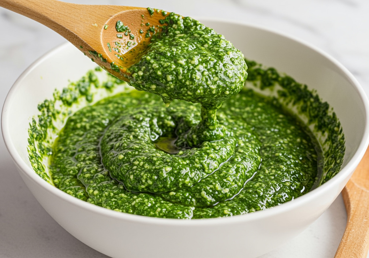 A bowl of freshly made lemon pesto with a wooden spoon scooping some out, ready to be used.