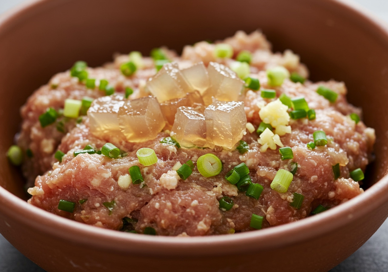A bowl of ground pork mixed with finely chopped ingredients and cubes of aspic, ready to be used as dumpling filling.