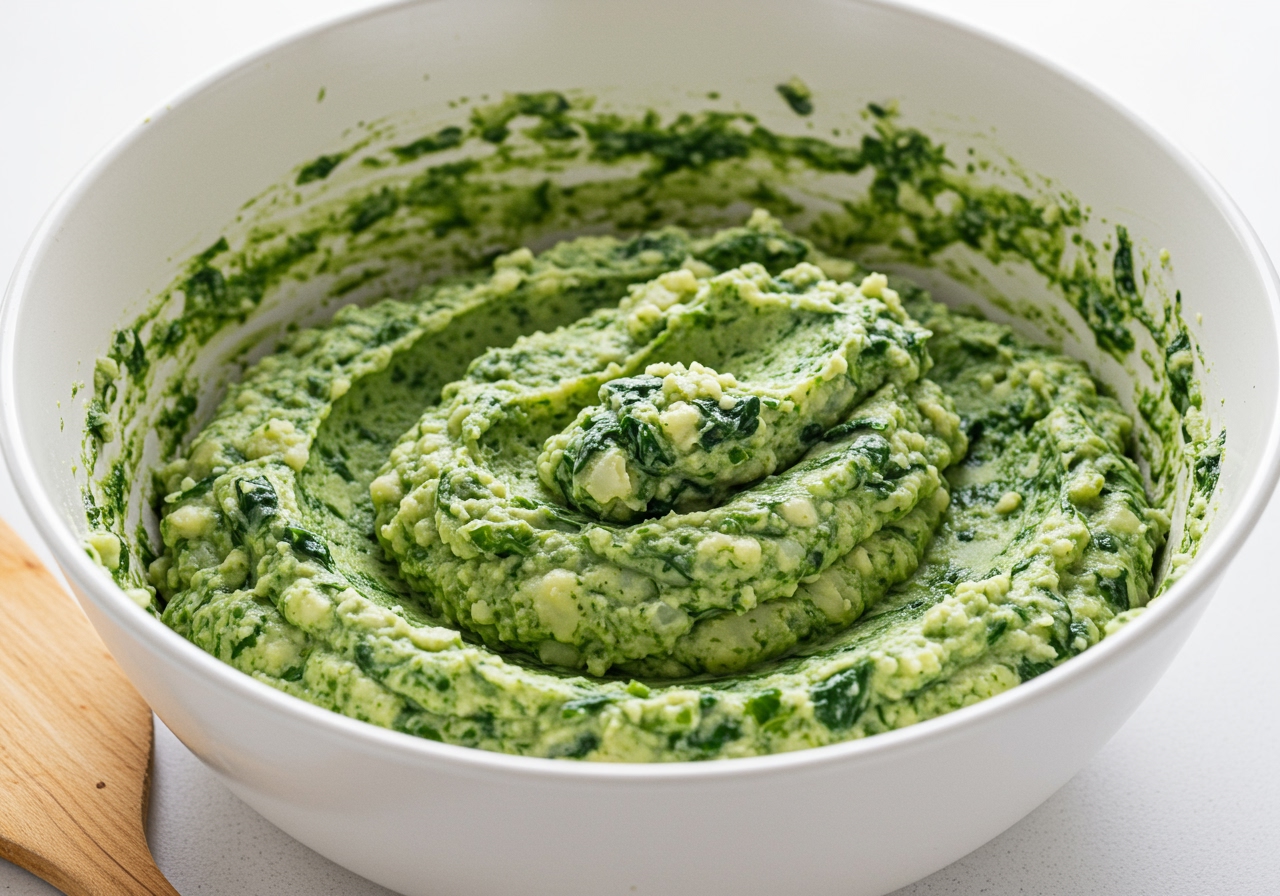 A bowl of healthy mashed potato and spinach filling, ready to be used for making knishes.