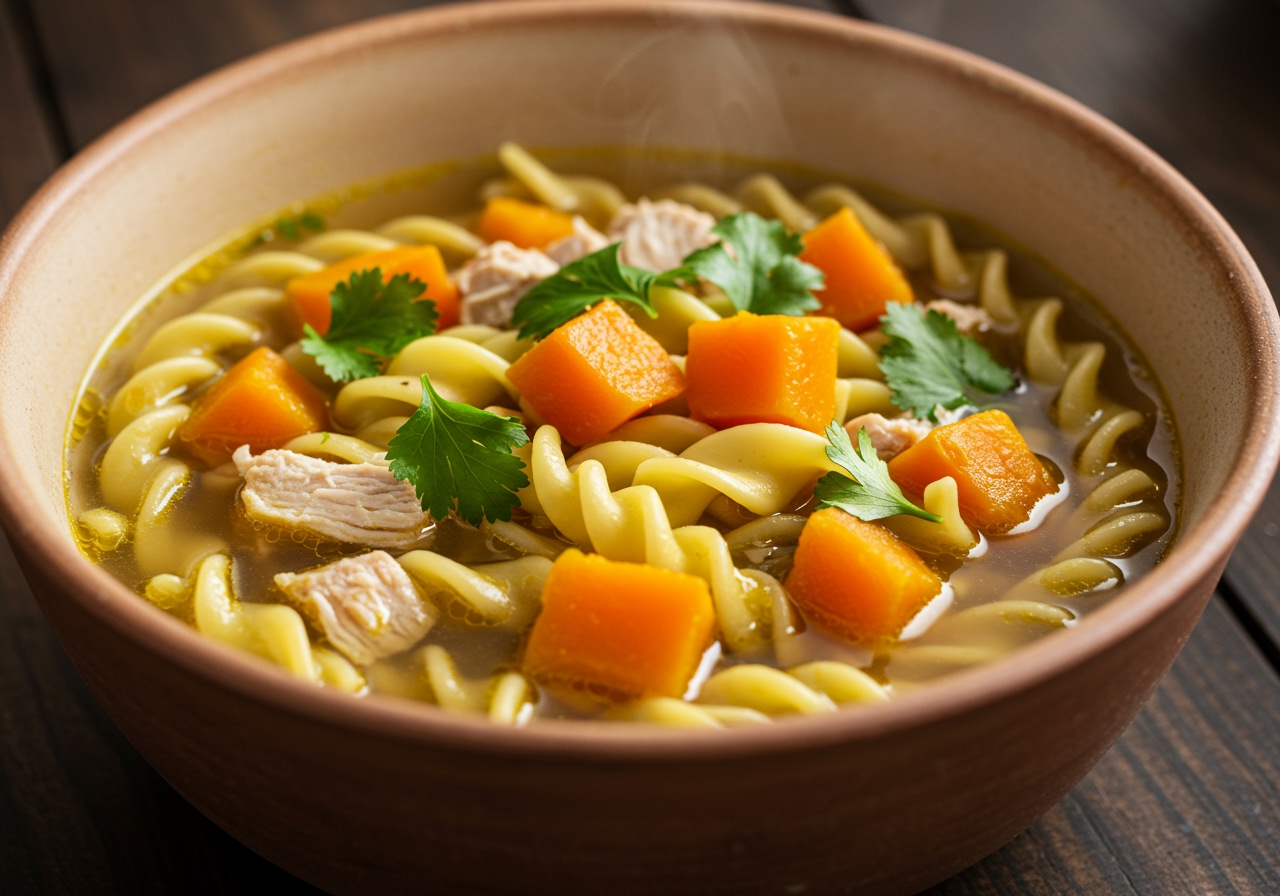 A bowl of healthy turkey pumpkin noodle soup garnished with fresh parsley or cilantro, showing noodles and chunks of turkey and pumpkin.