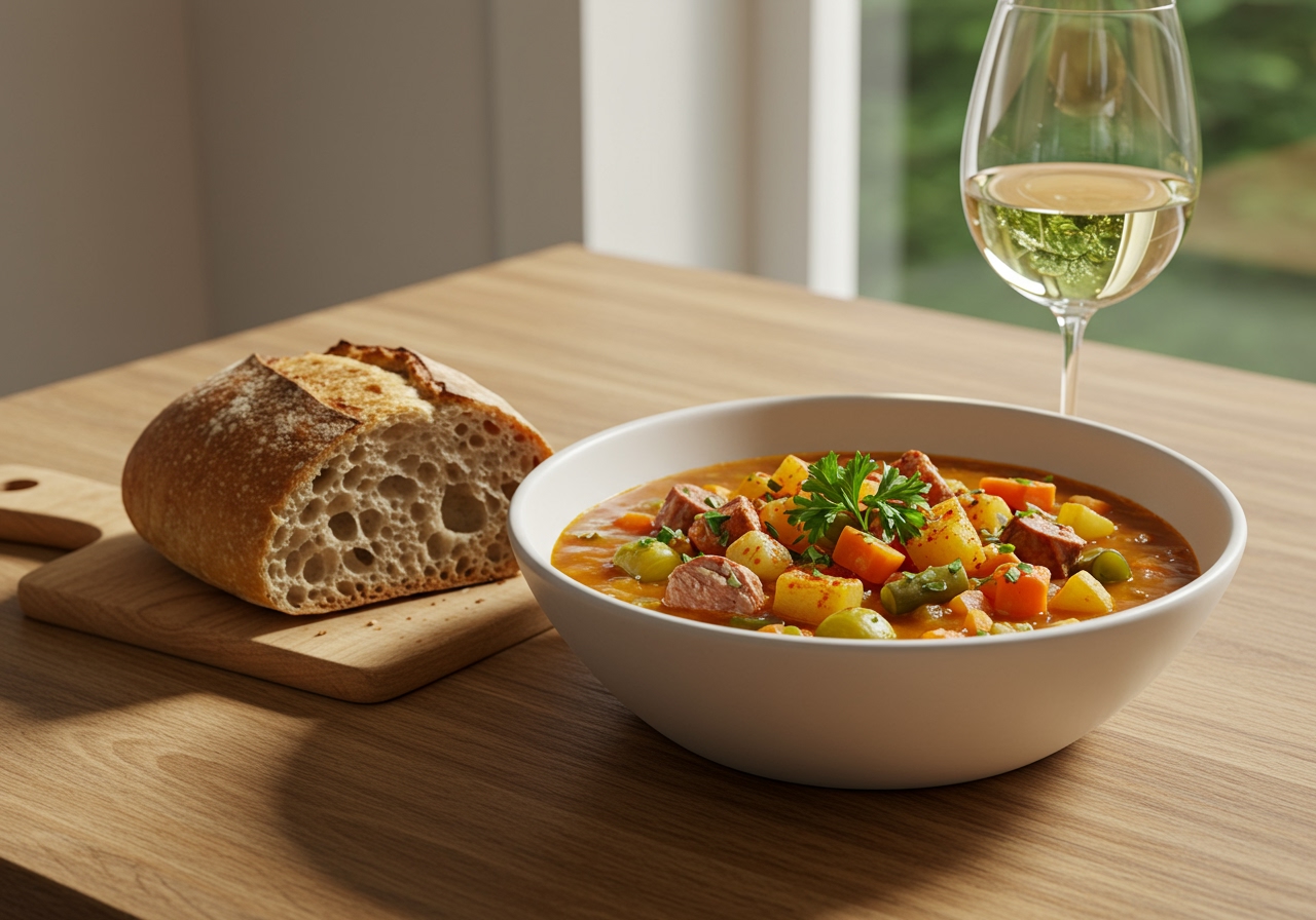 A bowl of Hodge Podge served with a side of crusty bread and a glass of white wine.