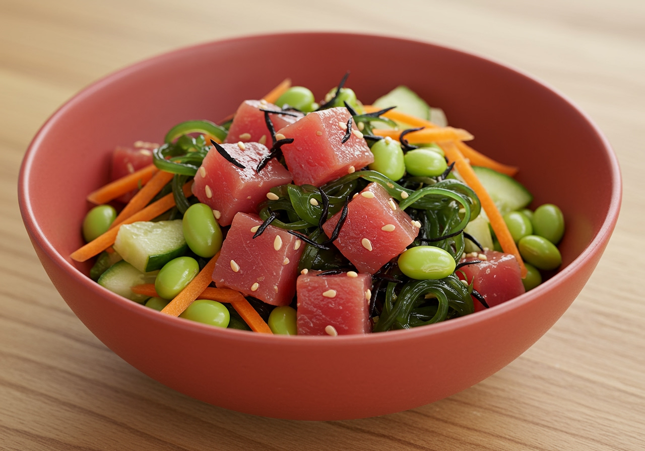 A bowl of Japanese-style tuna and hijiki seaweed salad with vegetables.