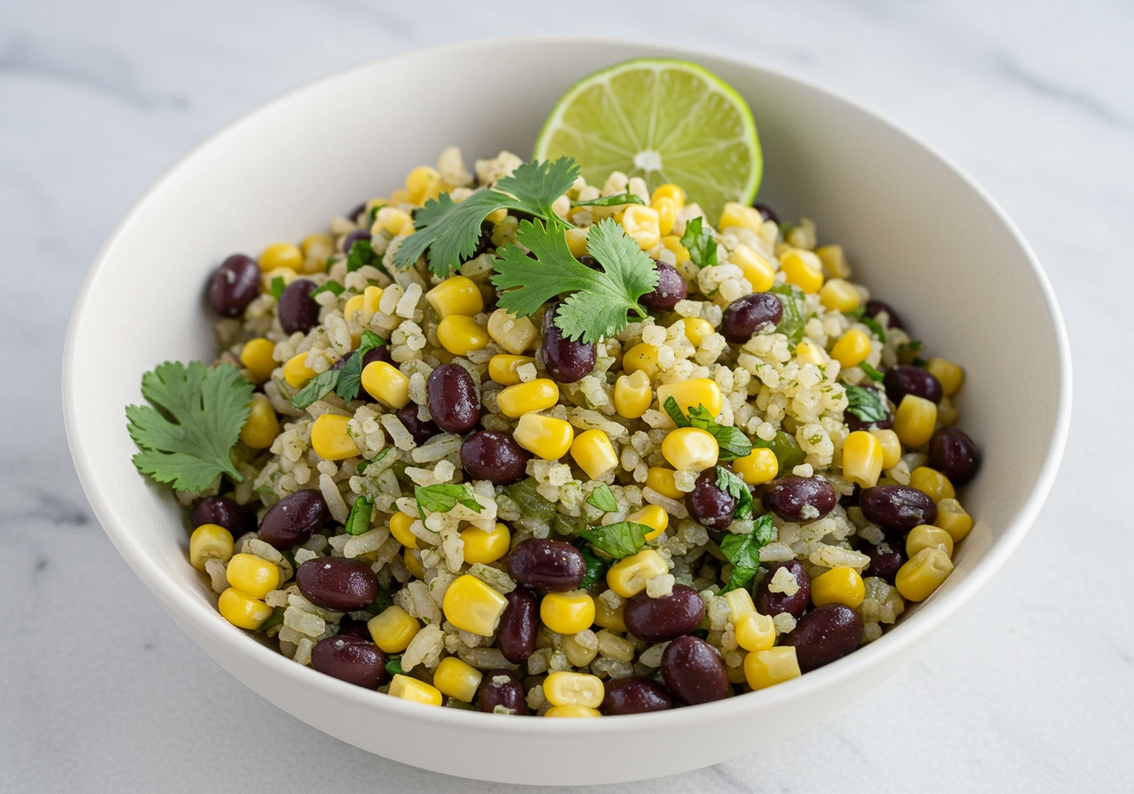 A bowl of lime and cilantro rice mixed with black beans and corn, garnished with extra cilantro and a lime wedge.