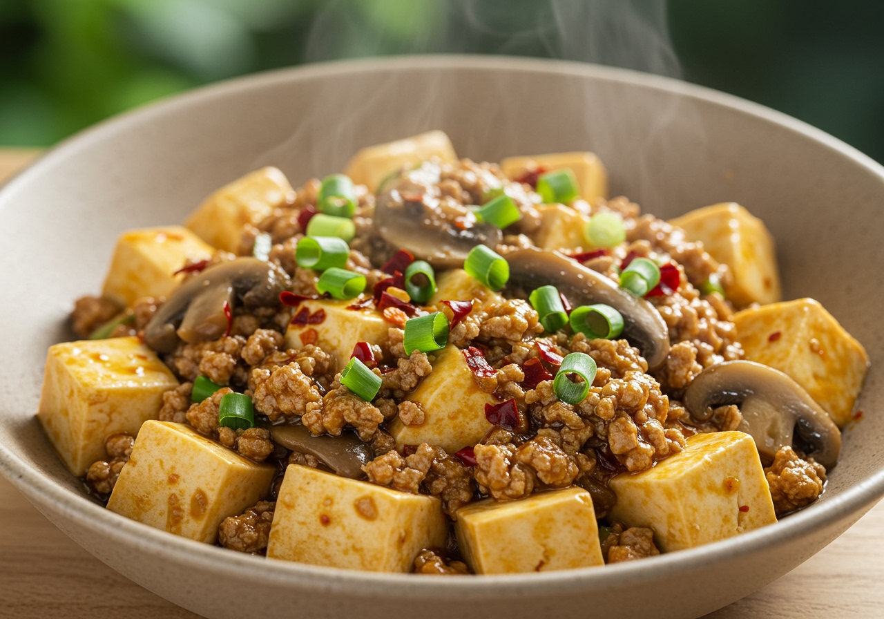 A bowl of low-carb mapo tofu with minced meat, mushrooms, and green onions, looking spicy and flavorful.