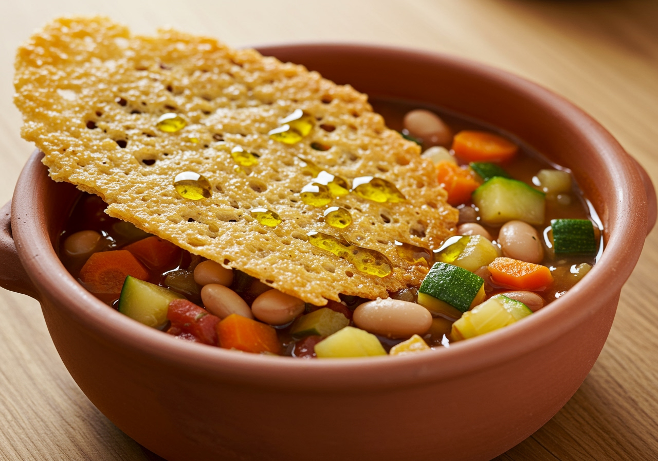 A bowl of minestrone soup with a Parmigiano Reggiano rind crisp floating on top as a garnish.