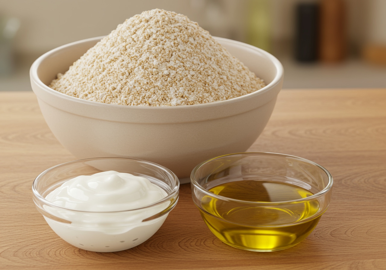A bowl of mixed whole wheat and all-purpose flour next to a bowl of yogurt and olive oil, ingredients for healthy knish dough.