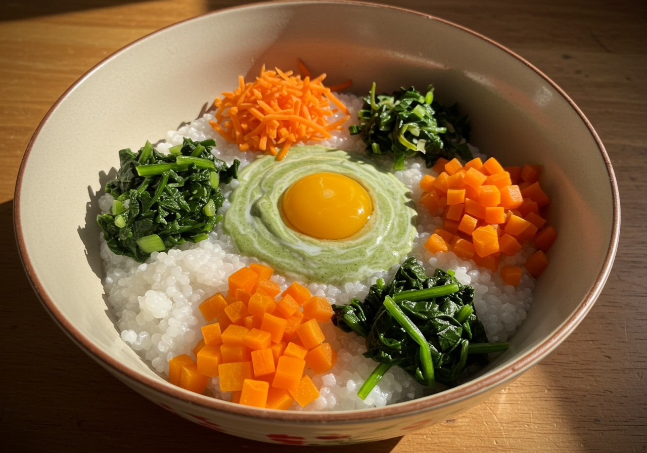 A bowl of ojiya with various additions like finely diced carrots, chopped spinach, and perhaps an egg swirled in, showing the versatility of the dish. The lighting is warm and inviting.
