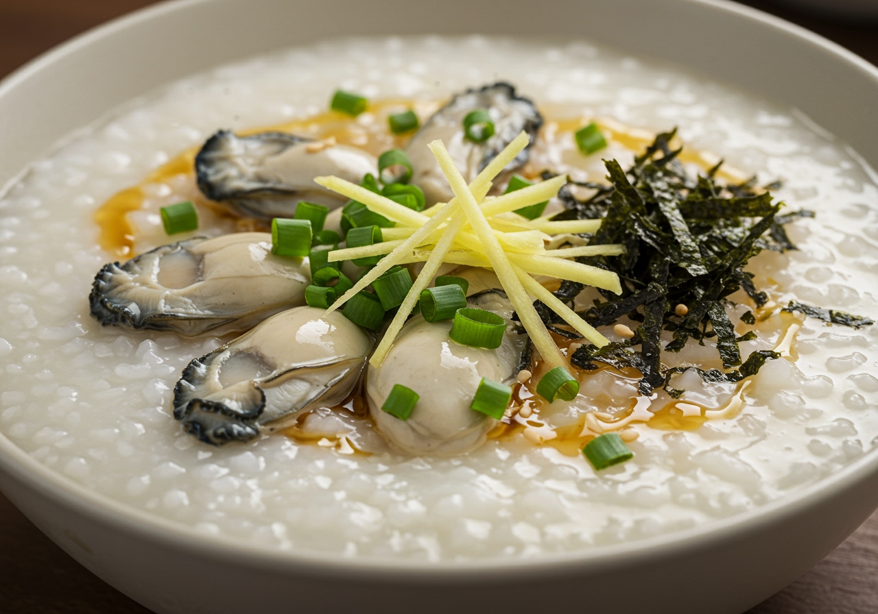 A bowl of oyster congee with various toppings like green onions, ginger, seaweed, and a drizzle of sesame oil