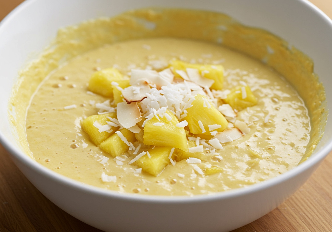 A bowl of pancake batter with visible chunks of pineapple and coconut flakes, ready to be cooked.