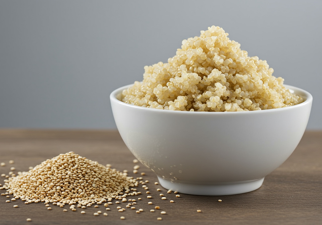 A bowl of plain cooked quinoa next to a handful of uncooked quinoa grains.