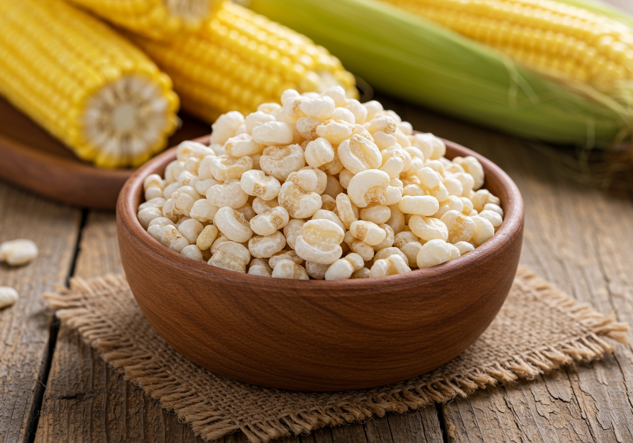 A bowl of plump white hominy kernels, both dried and canned, with a distinct smooth texture, on a rustic wooden table. Some fresh corn on the cob in the background.