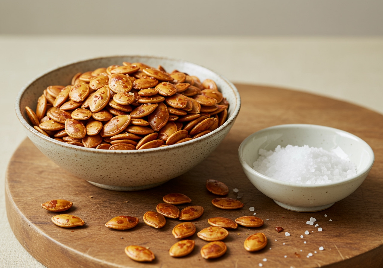 A bowl of roasted pumpkin seeds next to a small bowl of salt