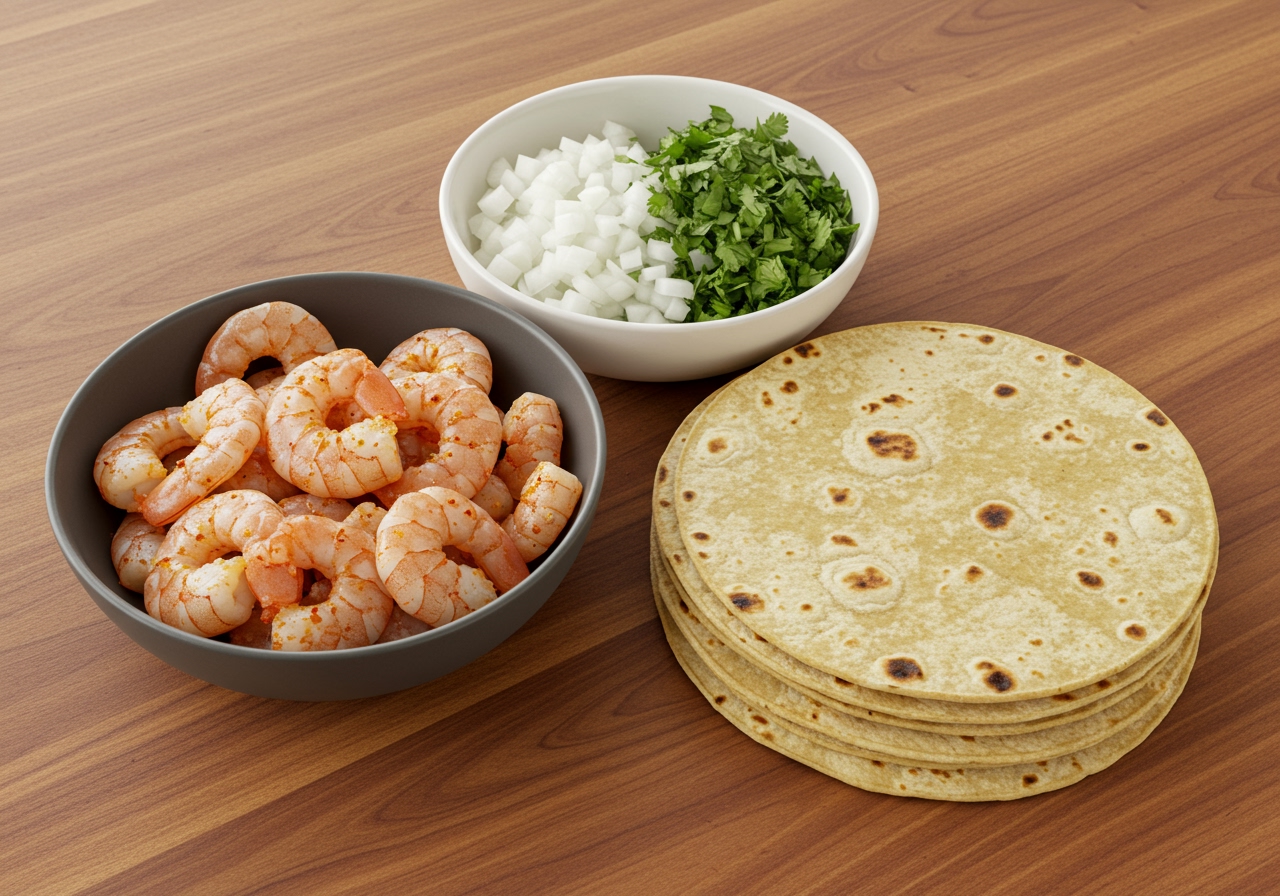 A bowl of seasoned raw shrimp, a bowl of chopped onions and cilantro, and a stack of corn tortillas ready for assembly