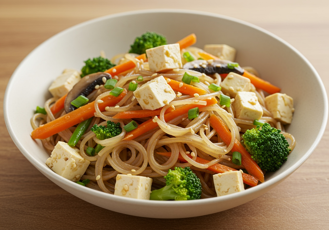 A bowl of shirataki noodles dressed in a Japanese style sauce with vegetables and tofu, looking like a healthy noodle dish.